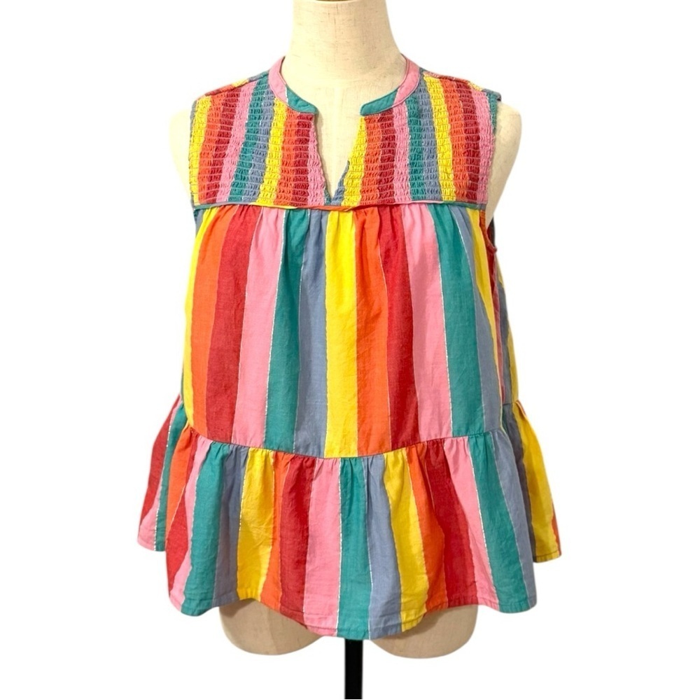 Crown & Ivy Rainbow Stripe Smocked Peplum Sleeveless Top PS Petite Small